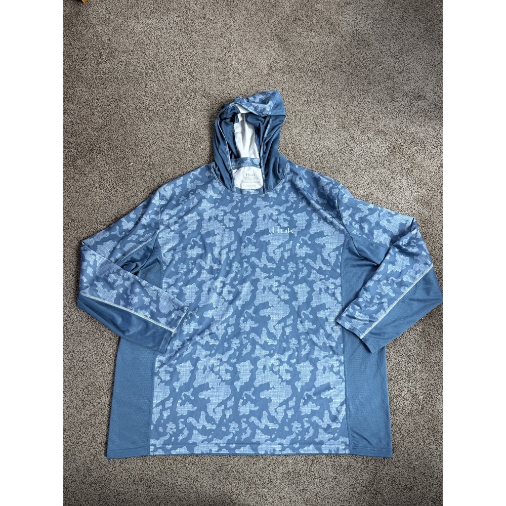 HUK Performance Fishing Hoodie Men's XXXL Blue Camo Long Sleeve Sun Shirt